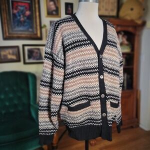Neiman Marcus‎ Cardigan Sweater Men's Wool Silk Knit Striped Brown Black L